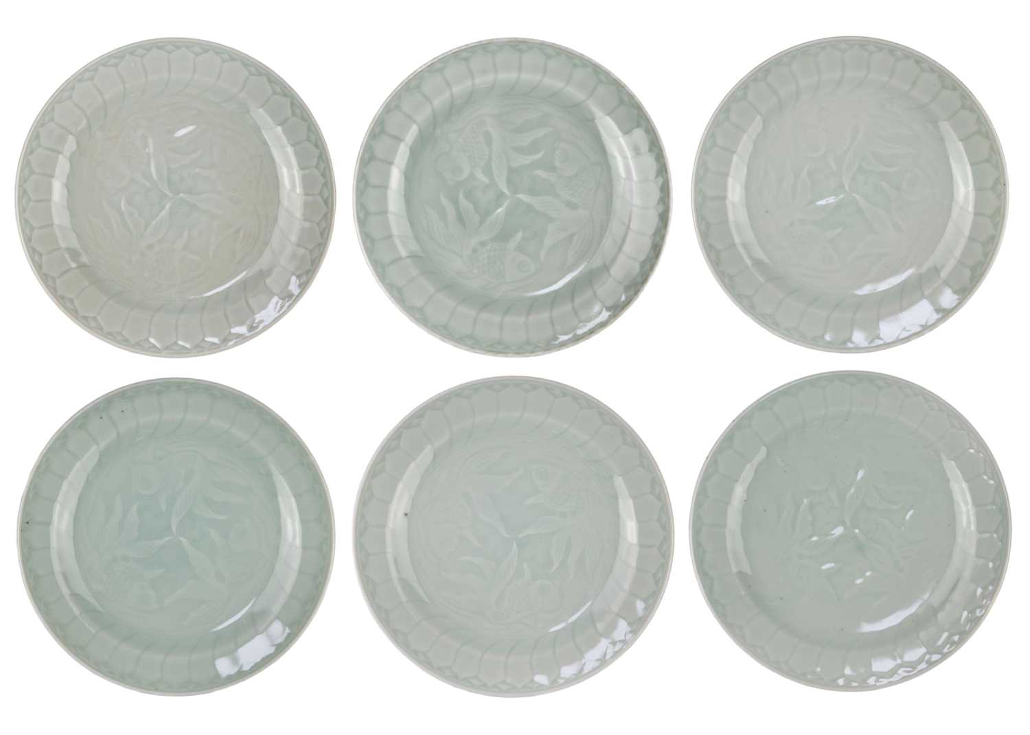 Six Chinese celadon fish decorated porcelain plates, 20th century.