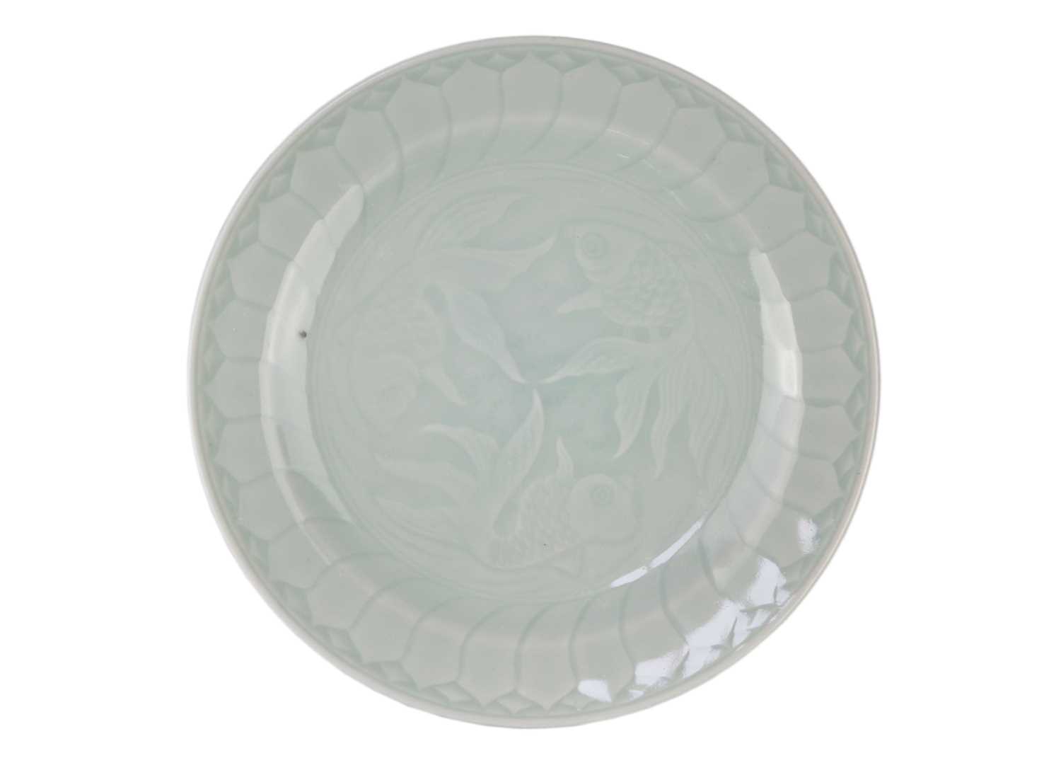 Six Chinese celadon fish decorated porcelain plates, 20th century. - Image 5 of 9