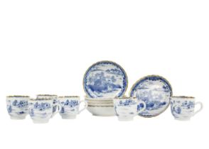 Six Chinese export blue and white porcelain cups and saucers, 18th/19th century.
