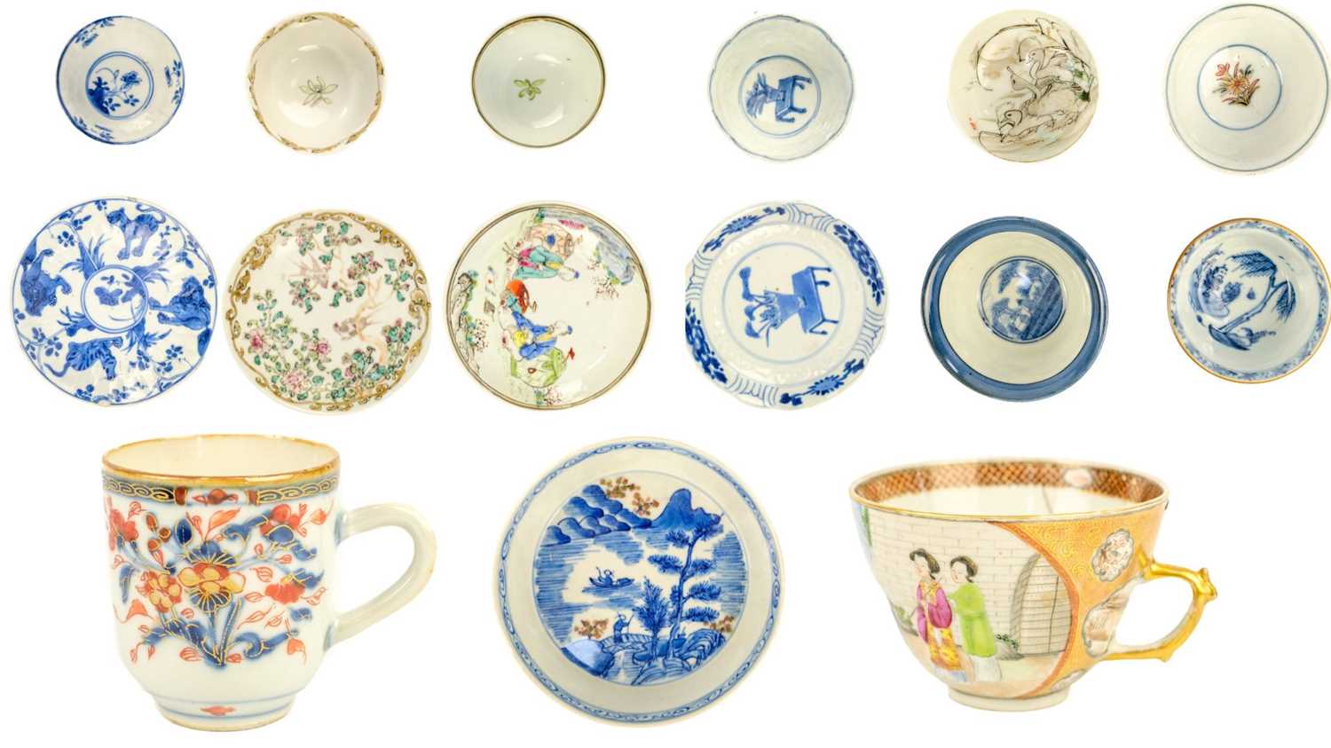 Five Chinese porcelain tea bowls and saucers, 18th century.