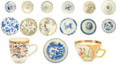 Five Chinese porcelain tea bowls and saucers, 18th century.