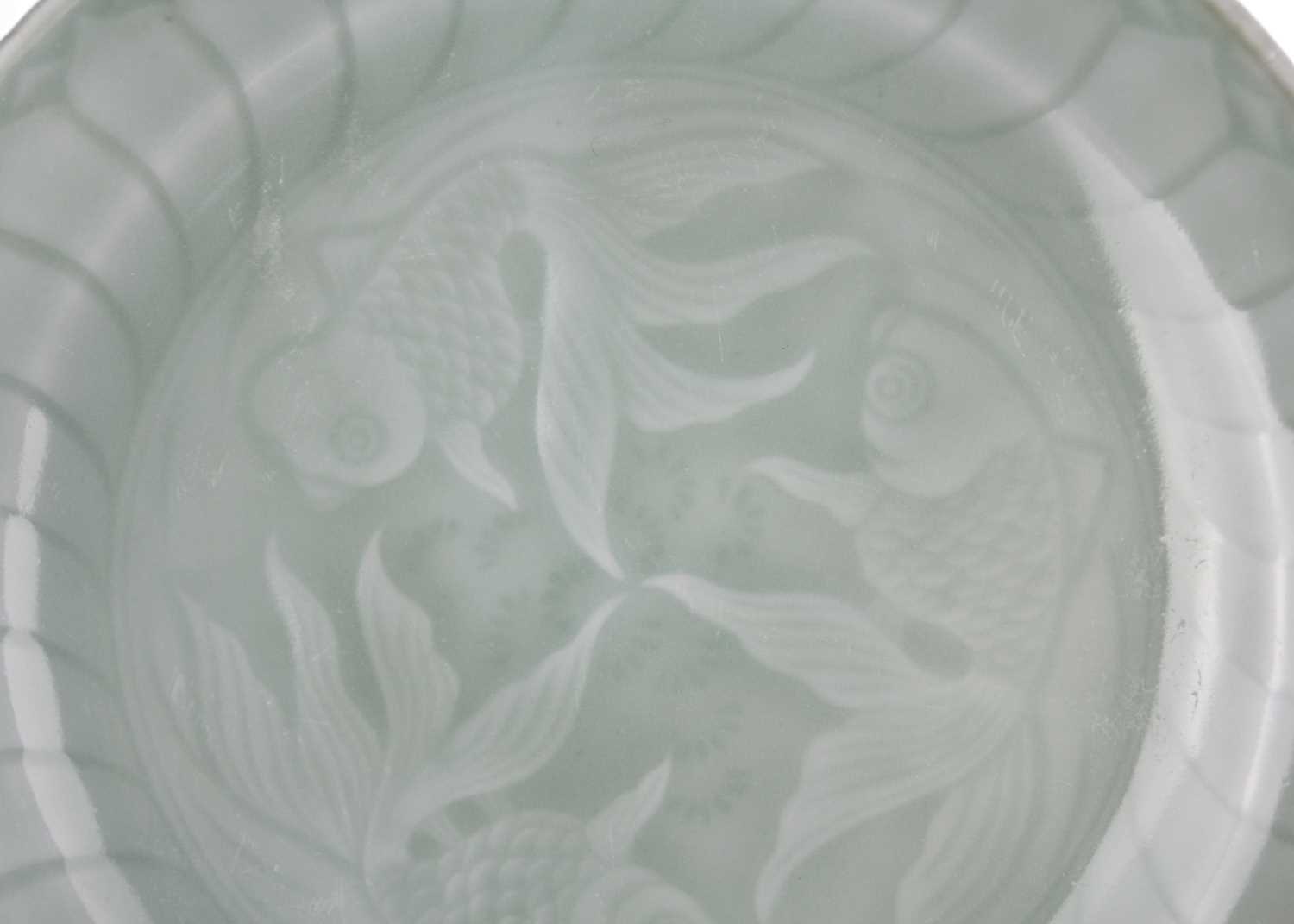 Six Chinese celadon fish decorated porcelain plates, 20th century. - Image 9 of 9