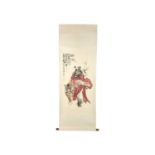 A Chinese painted scroll depicting a warrior and tiger, early 20th century.