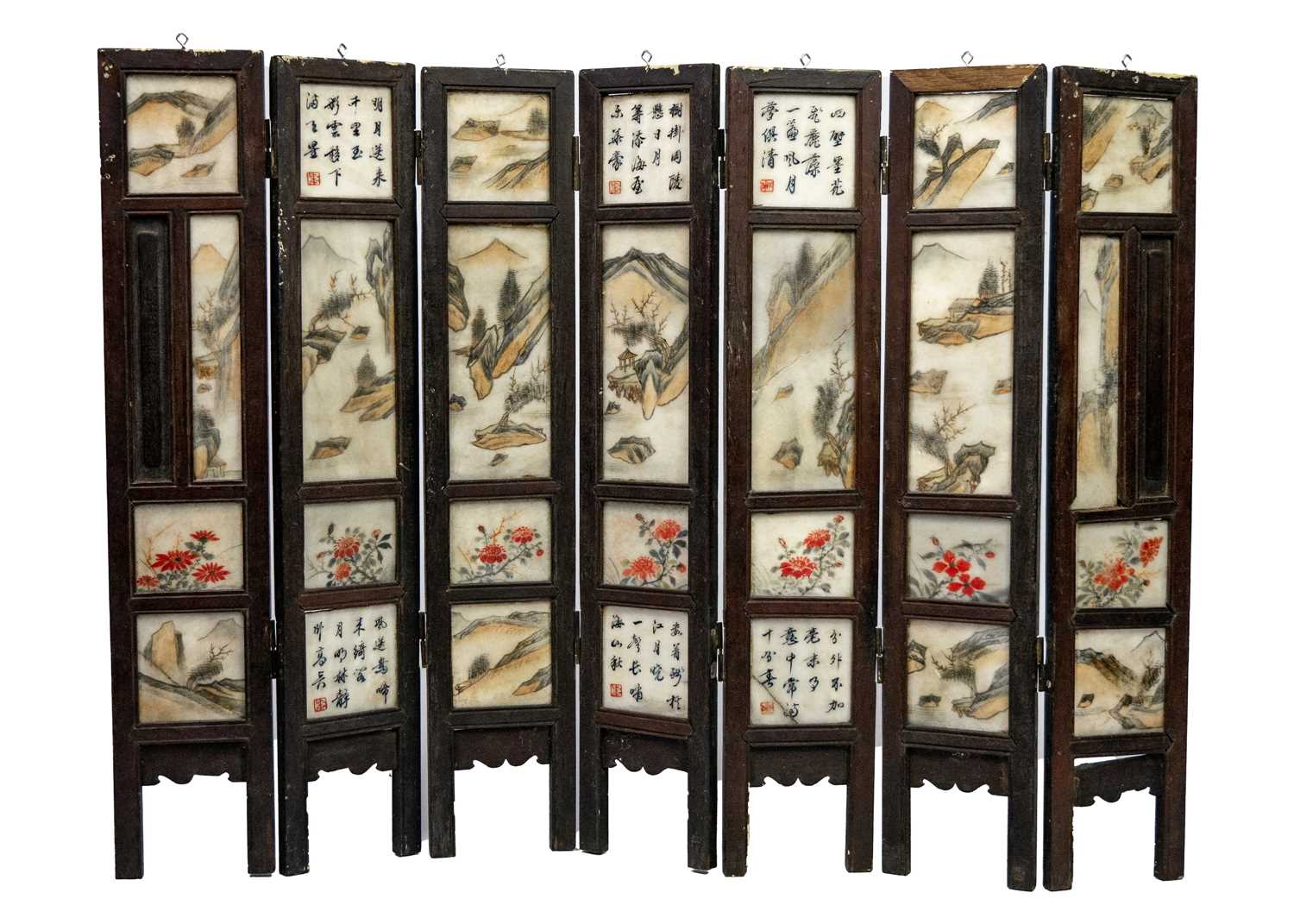 A Chinese alabaster and hardwood seven paneled screen, Qing Dynasty, late 19th century. - Image 2 of 16