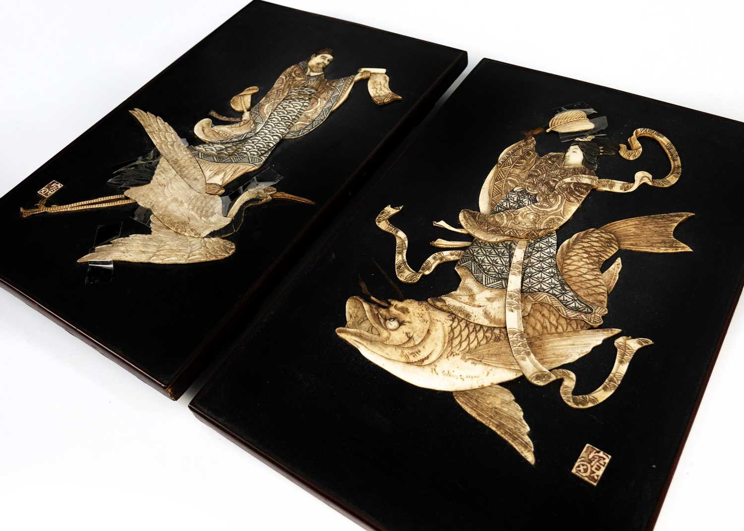 A pair of Japanese bone decorated ebonised panels, Meiji period. - Image 3 of 4