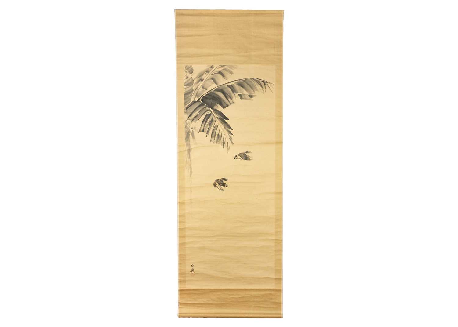 A Japanese painted scroll entitled 'Sparrows and Banana Tree', circa 1900.