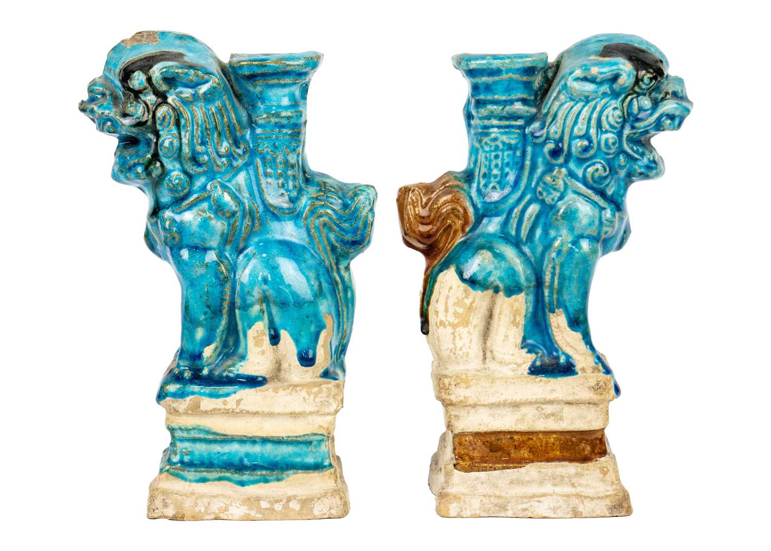 Two Chinese turquoise pottery dogs of fo joss stick holders, Ming Dynasty. - Image 3 of 6