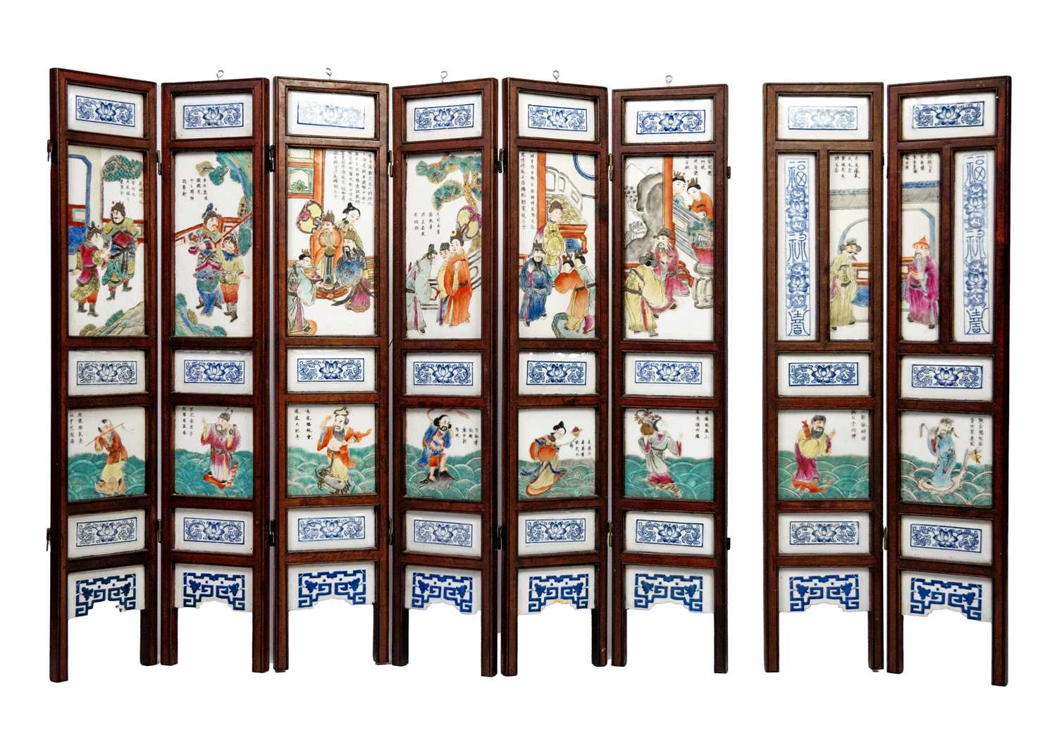 A Chinese porcelain and hardwood eight paneled screen, Qing Dynasty, early 20th century.