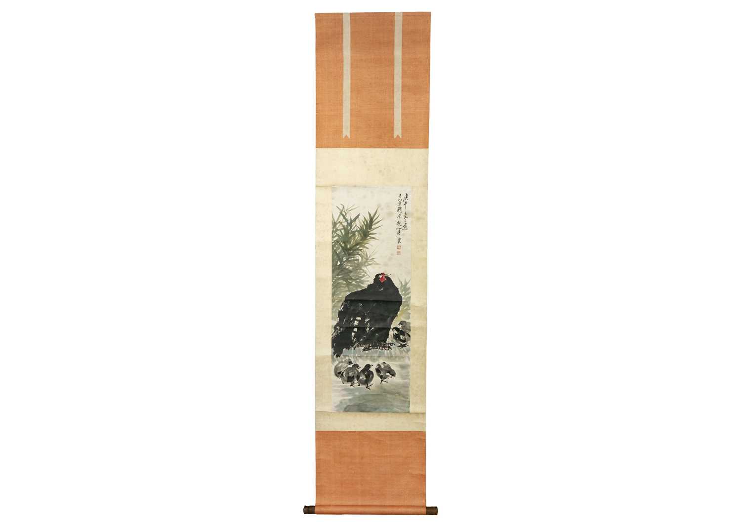 A Chinese painted scroll depicting a hen and chicks, early 20th century.