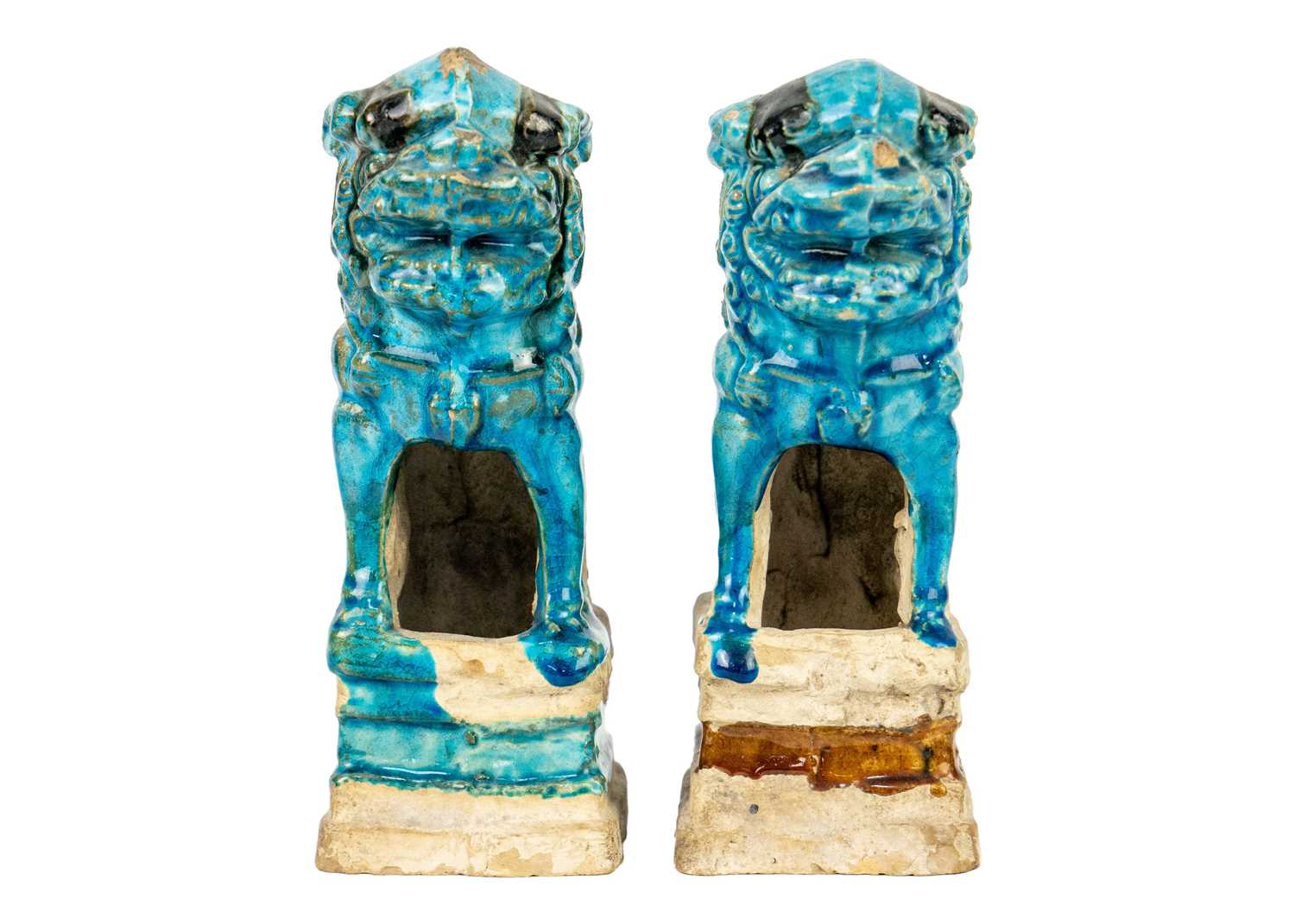 Two Chinese turquoise pottery dogs of fo joss stick holders, Ming Dynasty. - Image 2 of 6