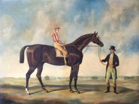 Follower of John Frederick I HERRING (1795-1865) Portrait of a jockey up, on a bay racehorse held by