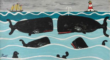 Stephen CAMPS aka Scamps (Cornish Naïve School, 1957) A Seal, A Family of Whales, A Boat and A Light