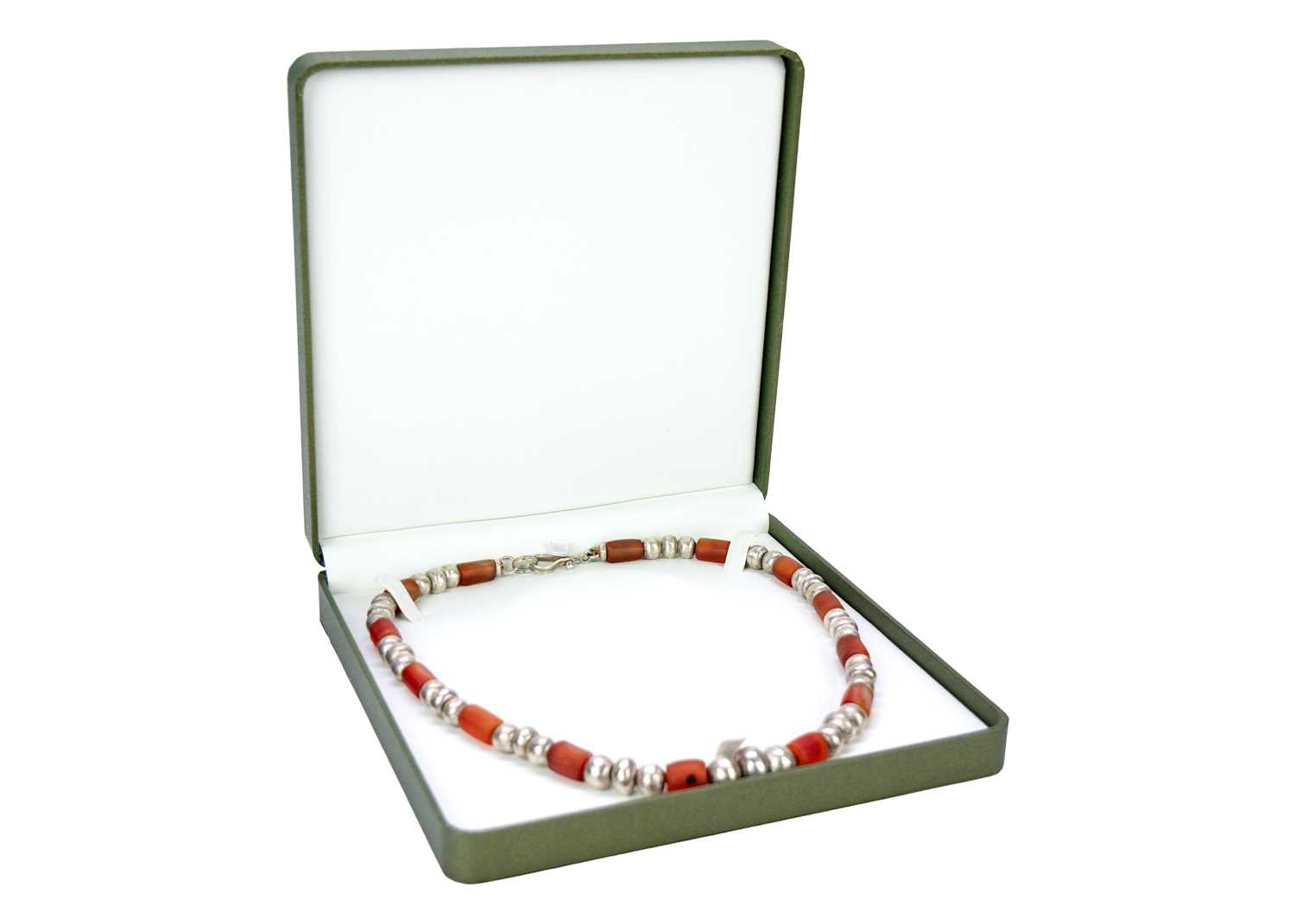 A Christine Povey necklace with orange beads interspaced between three hammered silver beads, the - Image 2 of 3