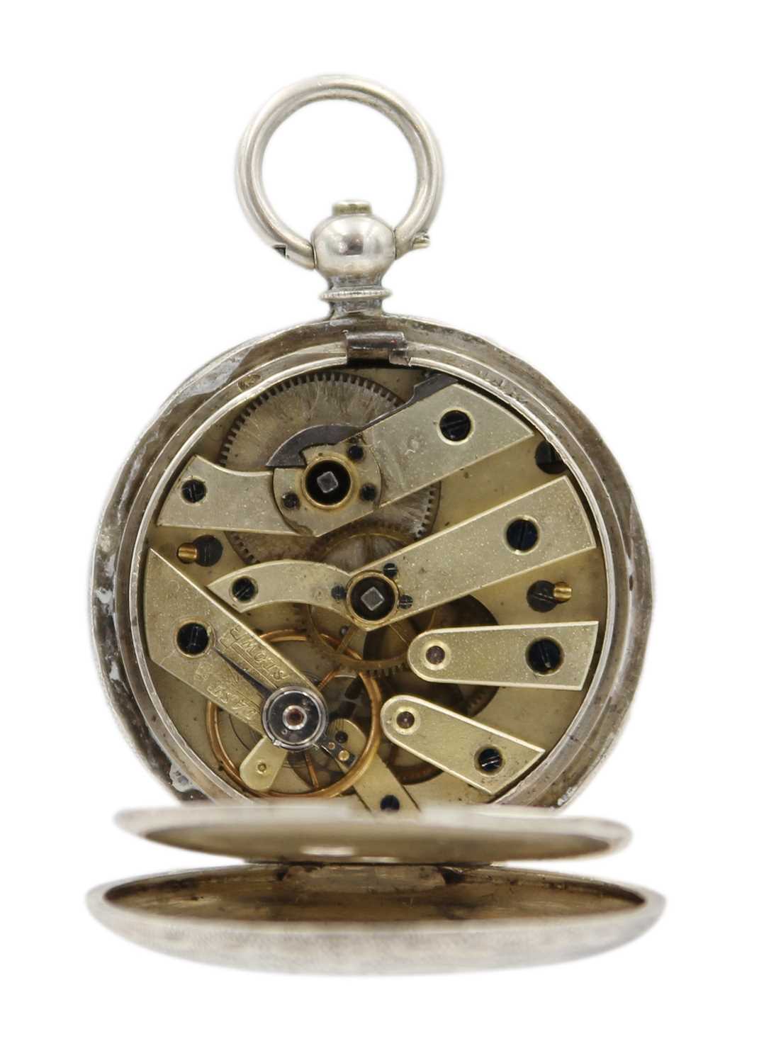 Two silver pocket watches, two silver and enamel pendant watches and a winding key. - Bild 8 aus 11