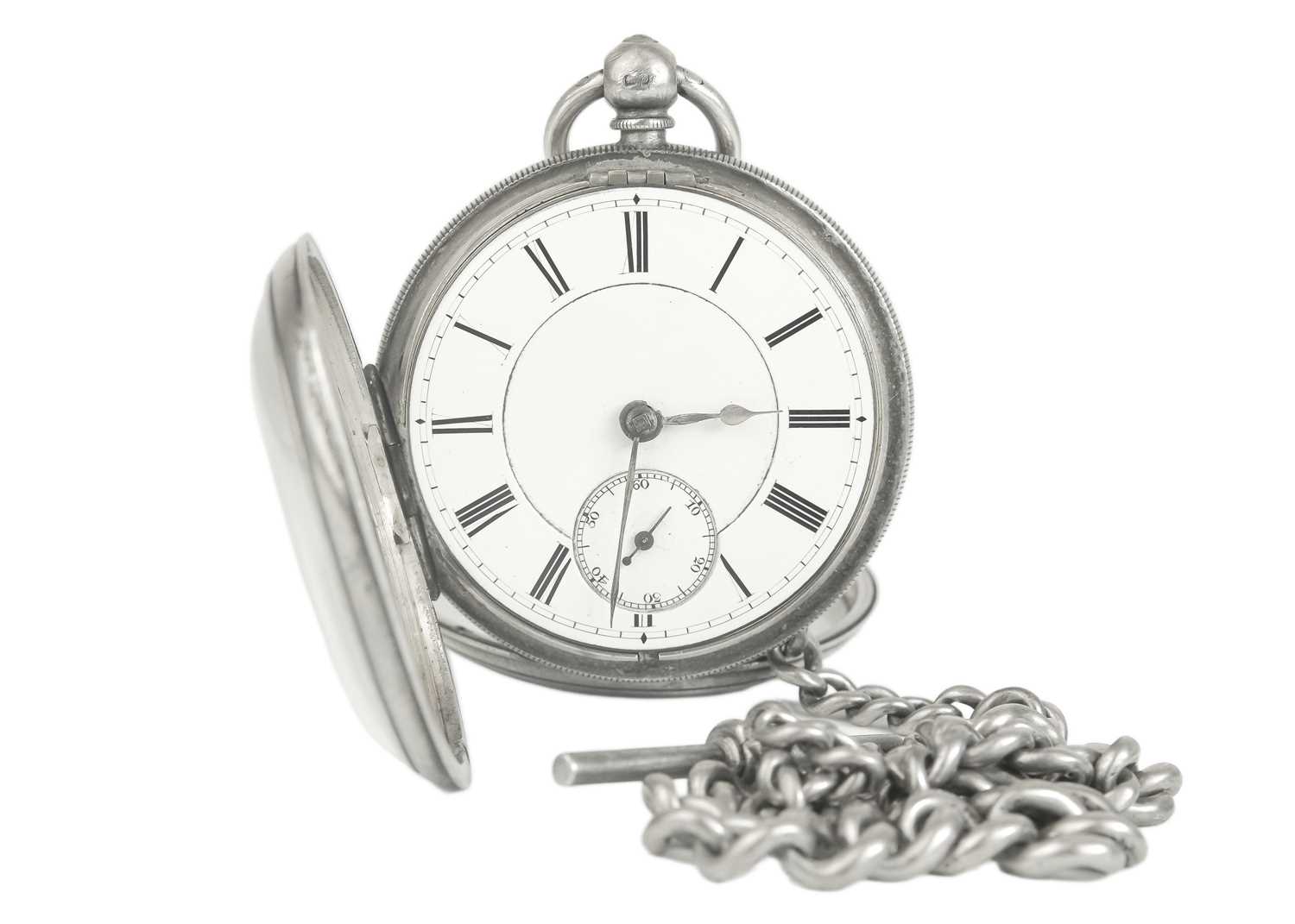 A silver cased key wind open face lever pocket watch with a heavy graduated Albert watch chain. - Image 3 of 6
