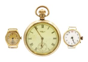 Two 9ct cased lady's manual wind wristwatches and a gold-plated Waltham pocket watch.