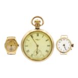 Two 9ct cased lady's manual wind wristwatches and a gold-plated Waltham pocket watch.