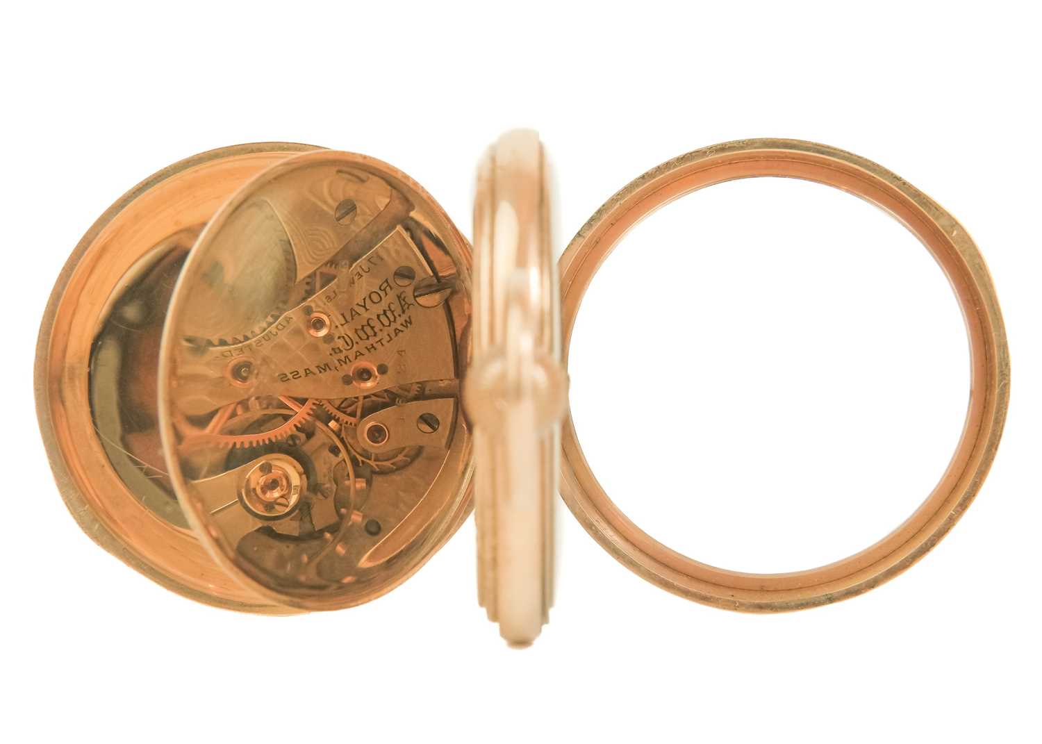 WALTHAM - A 9ct rose gold cased crown wind open face lever pocket watch. - Image 5 of 5