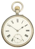 A silver cased crown wind lever pocket watch with silver Albert watch chain.