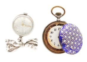 A Tudor silver nurses 'ball' watch on a silver ribbon brooch and a 935 silver enamel fob watch.
