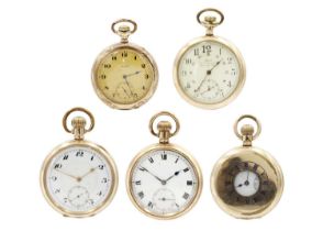 A selection of five gold-plated crown wind pocket watches.
