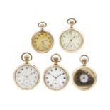 A selection of five gold-plated crown wind pocket watches.