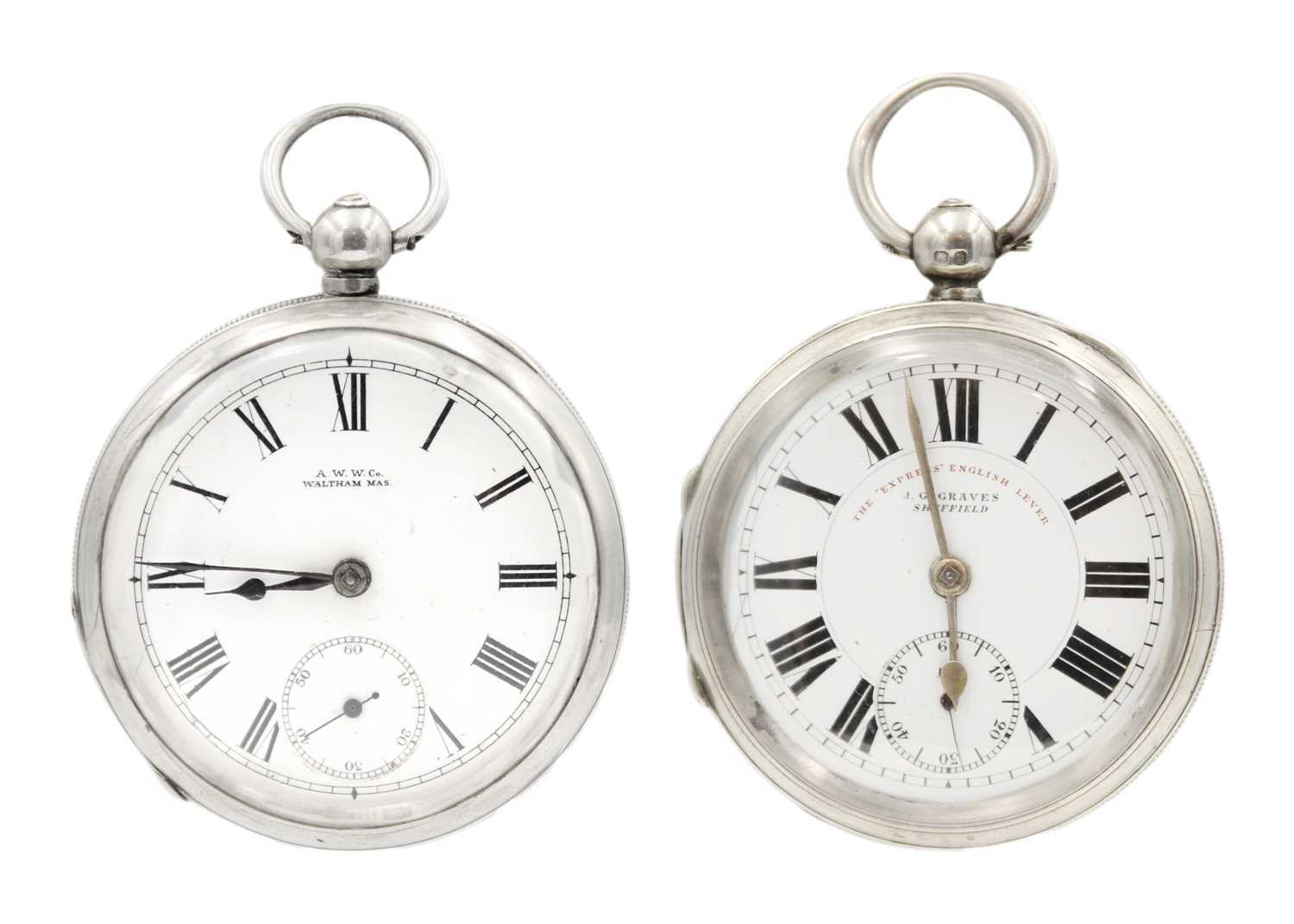 Two silver-cased key wind lever pocket watches.