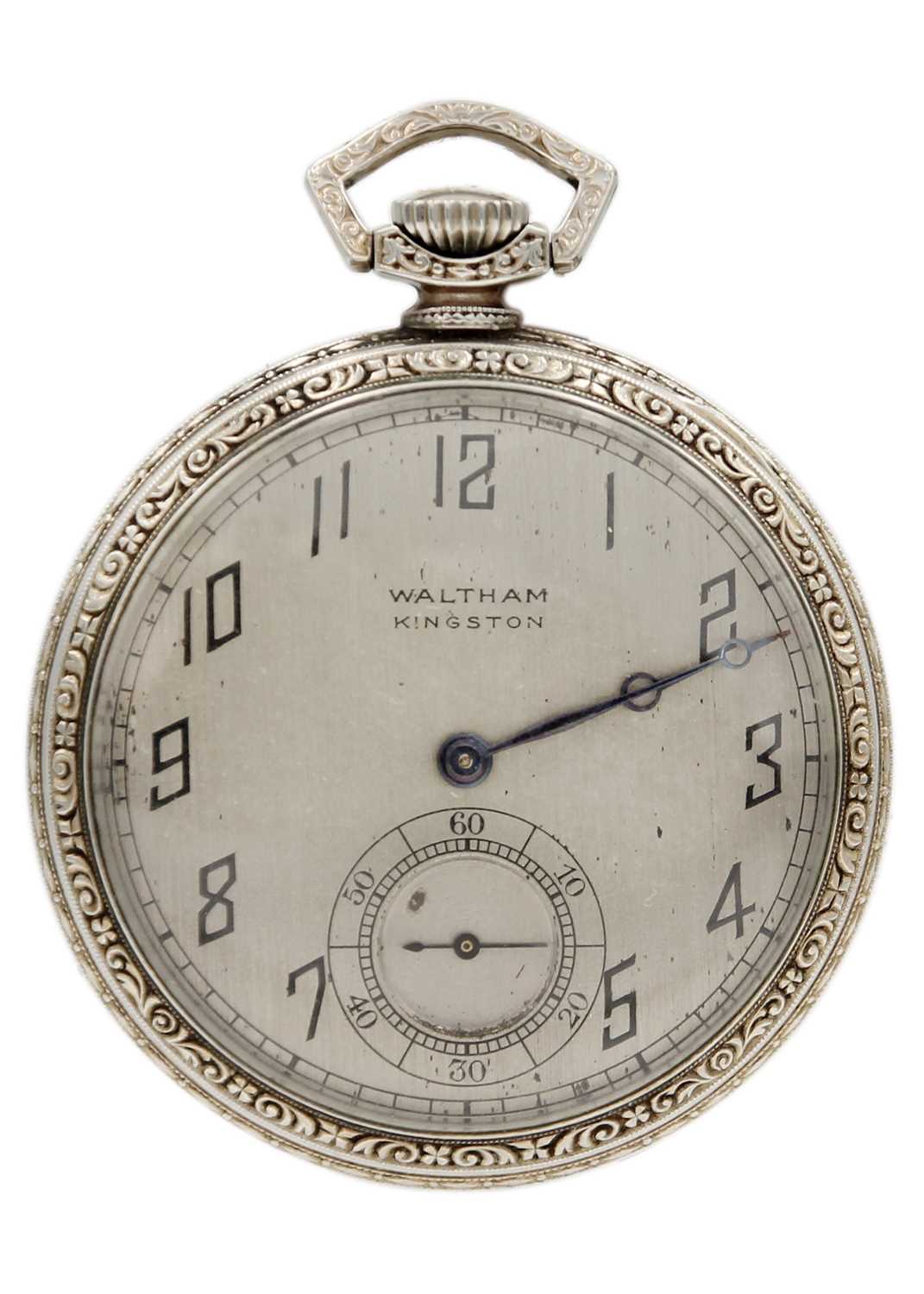 WALTHAM - An Art Deco gold plated crown wind open face pocket watch.