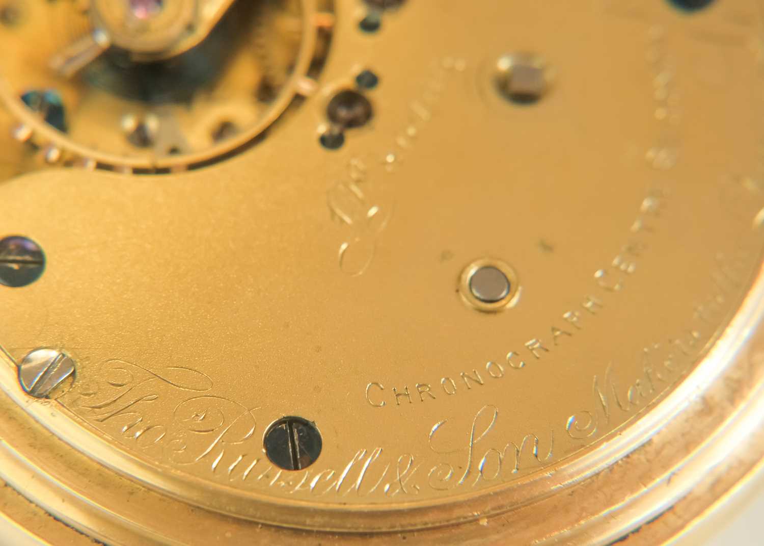 An 18ct chronograph centre seconds crown wind full hunter pocket watch by Thomas Russell & Son. - Image 4 of 7