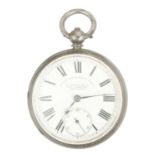 A silver key wind open face fusee lever pocket watch.