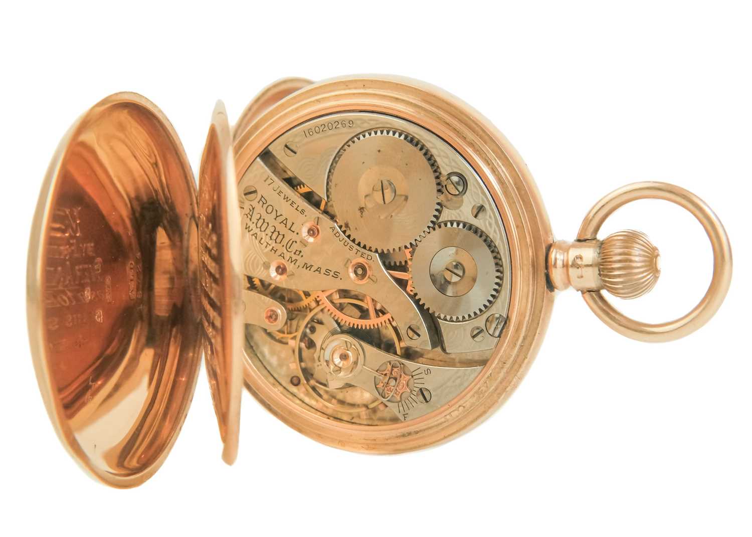 WALTHAM - A 9ct rose gold cased crown wind open face lever pocket watch. - Image 4 of 5