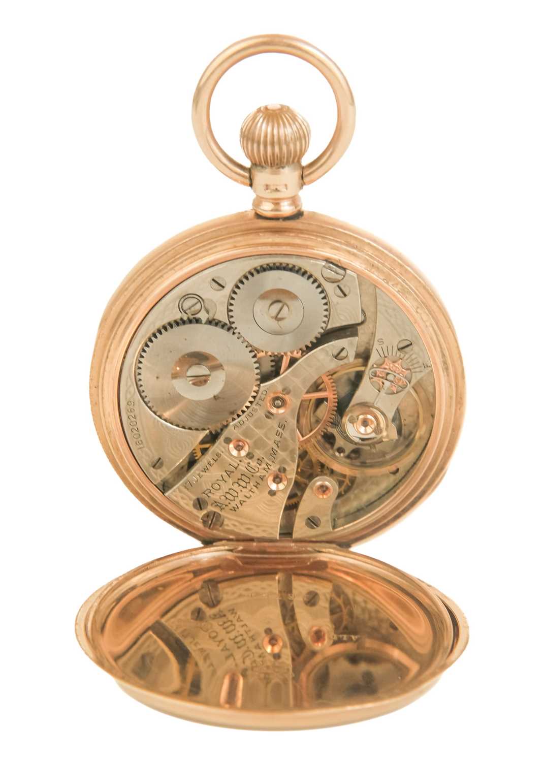 WALTHAM - A 9ct rose gold cased crown wind open face lever pocket watch. - Image 3 of 5