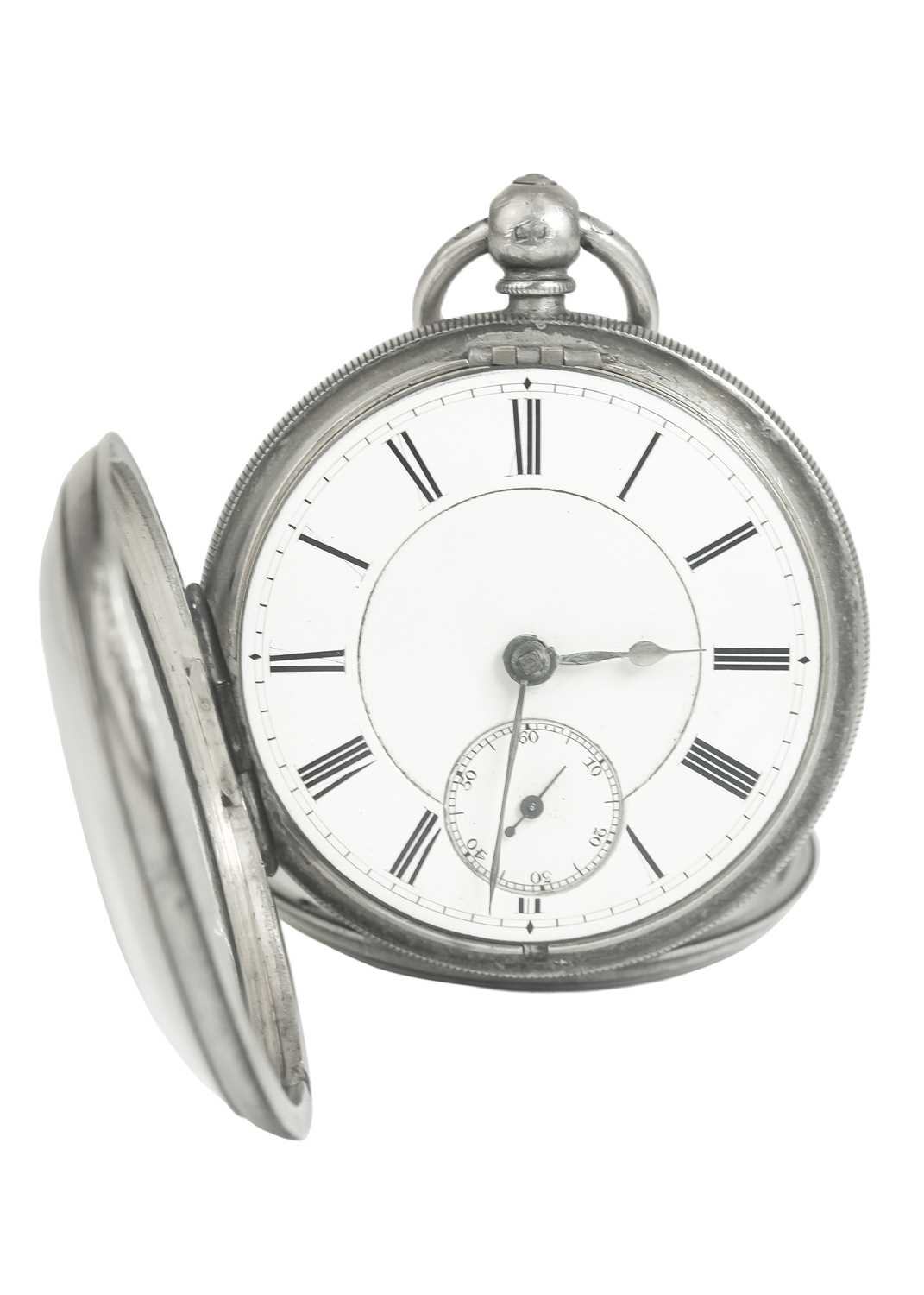 A silver cased key wind open face lever pocket watch with a heavy graduated Albert watch chain.