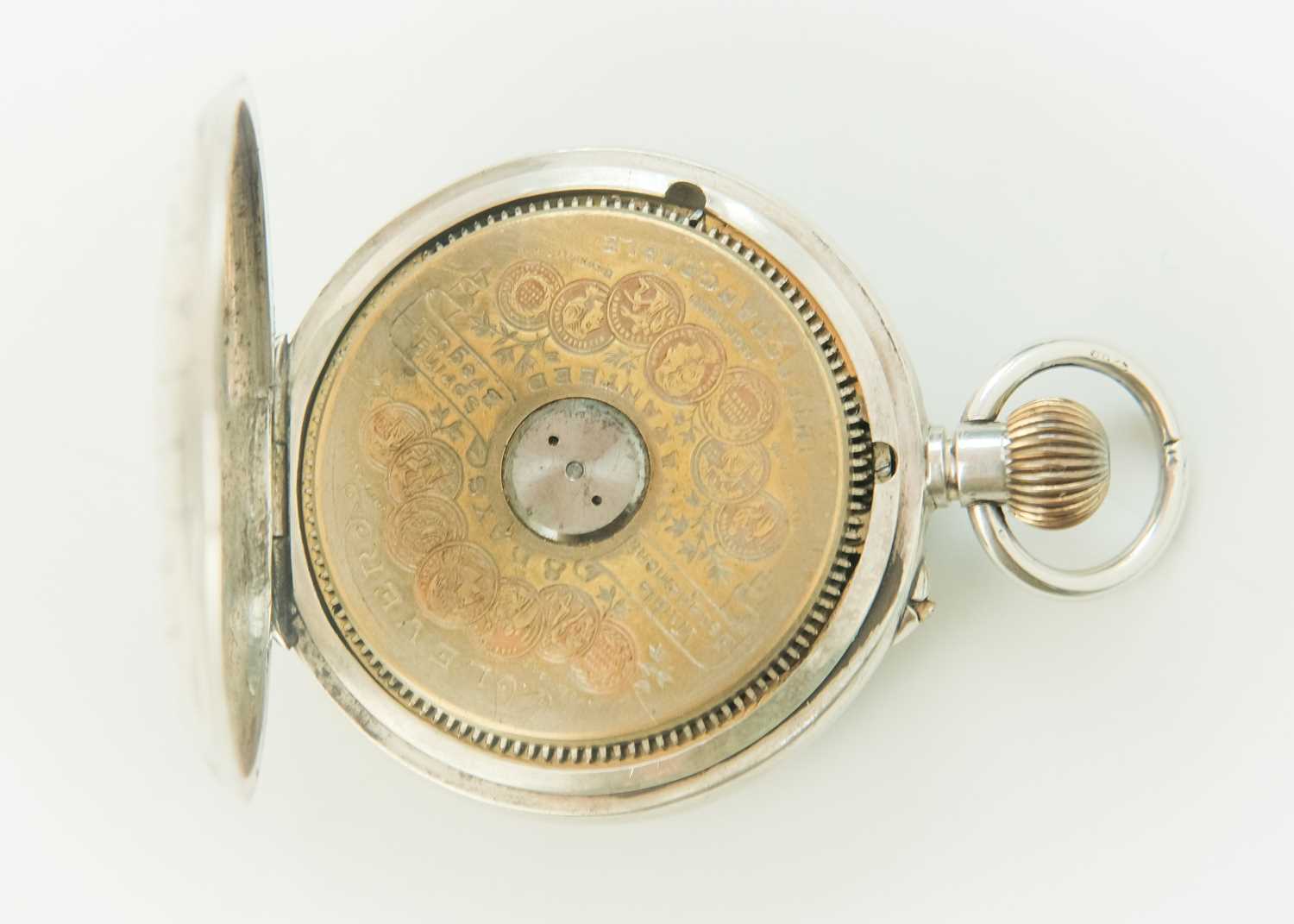 A silver cased crown wind pocket watch with visible escapement dial. - Image 5 of 5