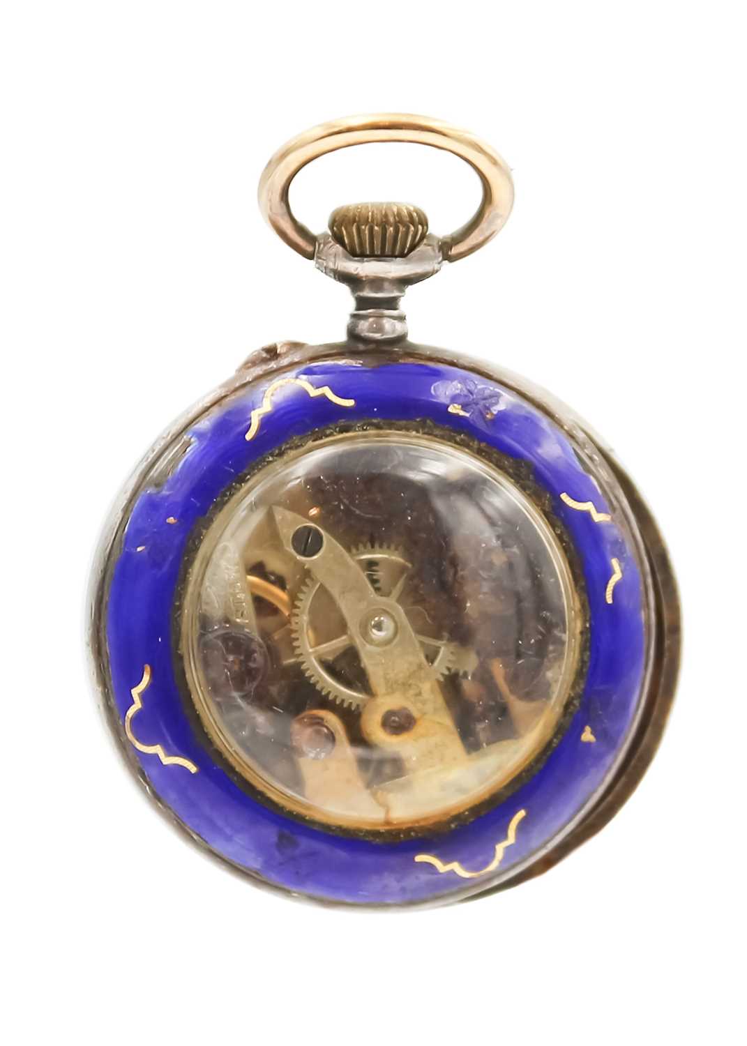 A Tudor silver nurses 'ball' watch on a silver ribbon brooch and a 935 silver enamel fob watch. - Image 6 of 6