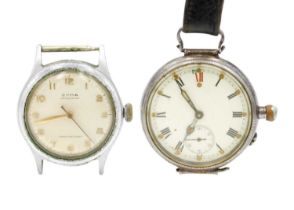 A silver-cased trench wristwatch and a Cyma Watersport wristwatch.