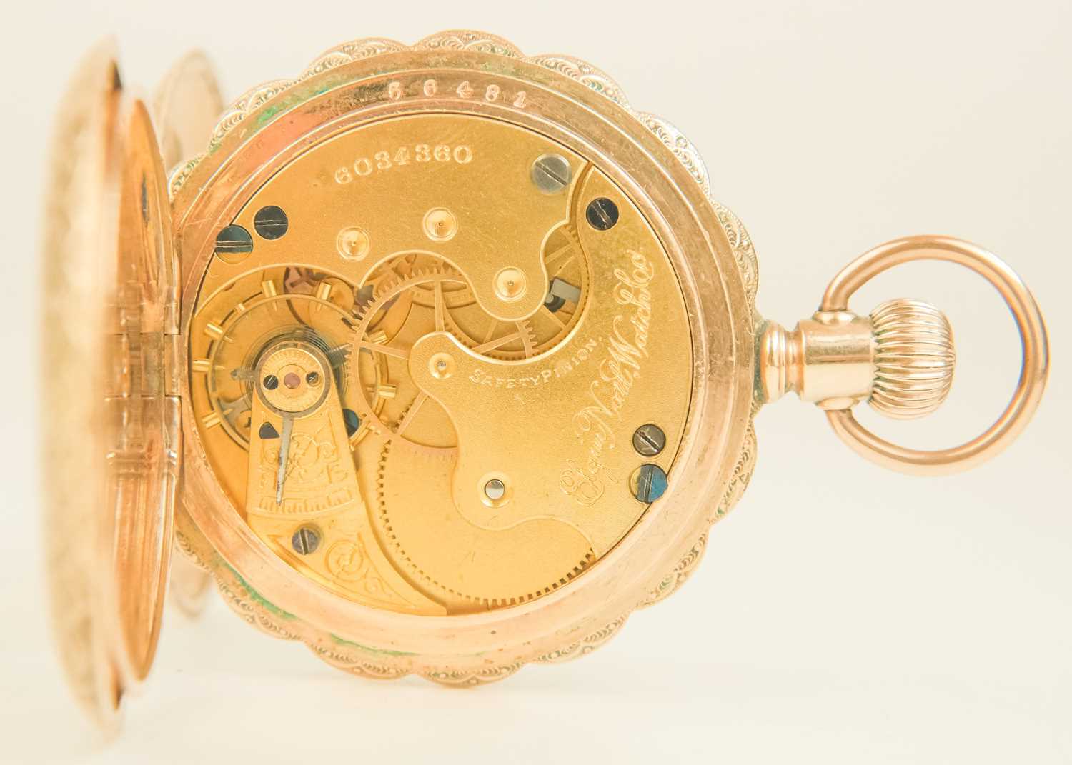 ELGIN - A rose gold plated crown wind full hunter lever pocket watch. - Image 4 of 7