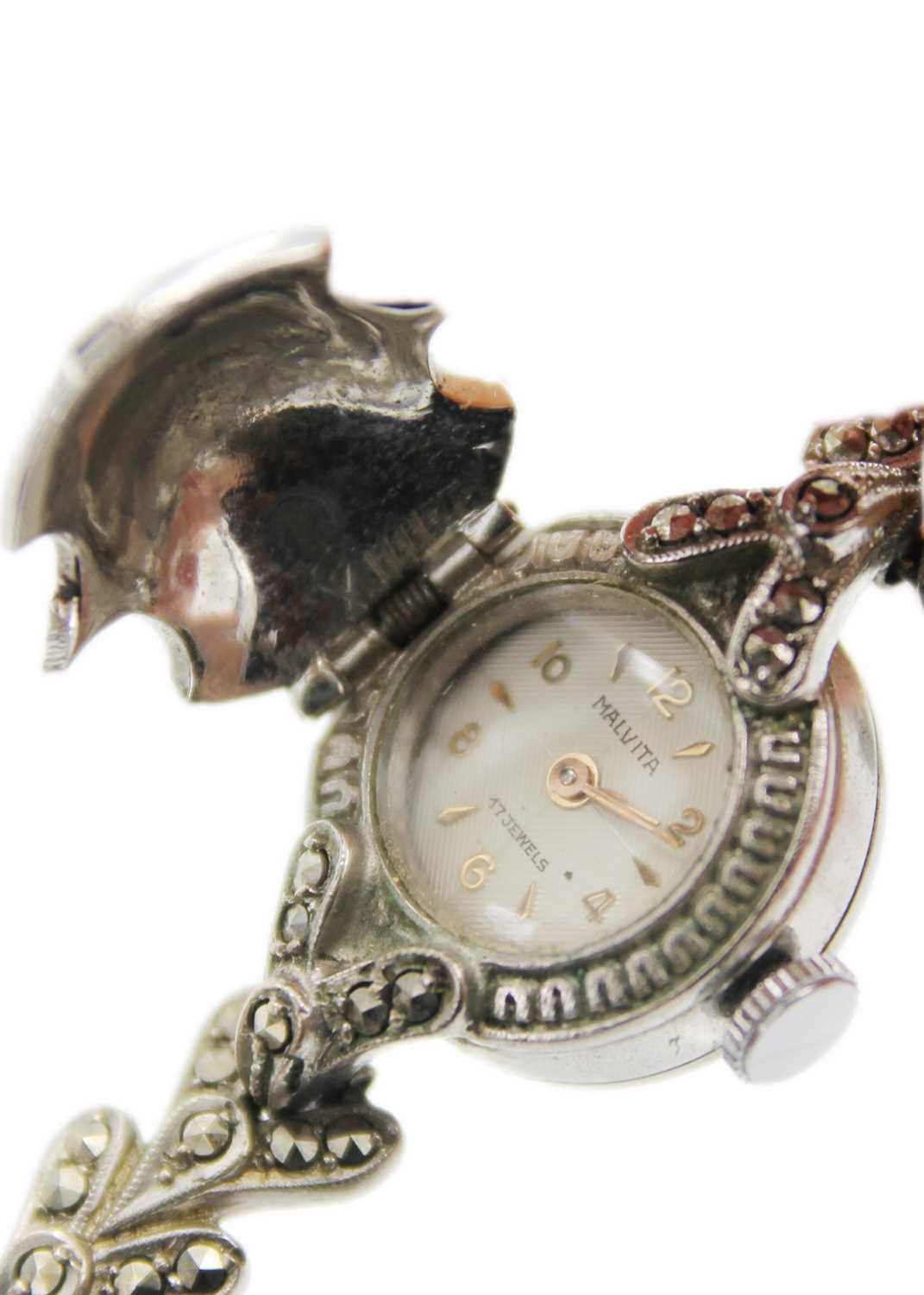 A lady's stainless steel and marcasite set cocktail bracelet wristwatch by Malvita. - Bild 2 aus 6