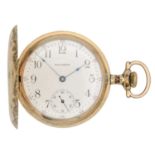 WALTHAM - A gold-plated full hunter crown wind lever pocket watch.