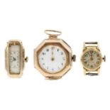 Two 9ct cased lady's manual wind wristwatches and an 18ct cased MuDu Lady's wristwatch.
