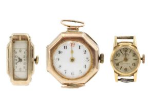 Two 9ct cased lady's manual wind wristwatches and an 18ct cased MuDu Lady's wristwatch.