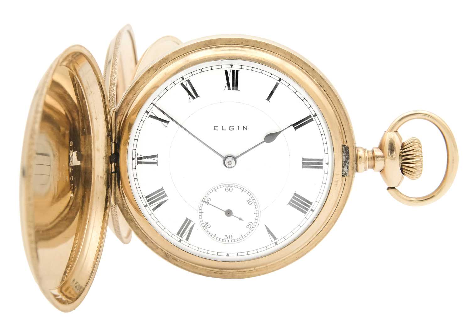 ELGIN - A rose gold plated full hunter crown wind lever pocket watch.
