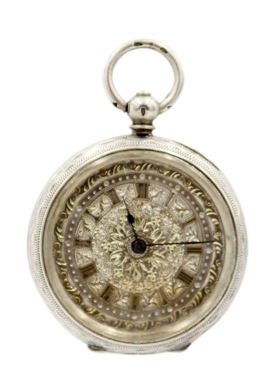 Two silver pocket watches, two silver and enamel pendant watches and a winding key. - Bild 7 aus 11