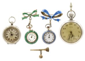 Two silver pocket watches, two silver and enamel pendant watches and a winding key.