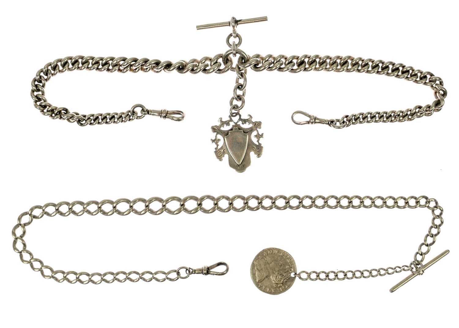 Two silver graduated curb-link Albert pocket watch chains.