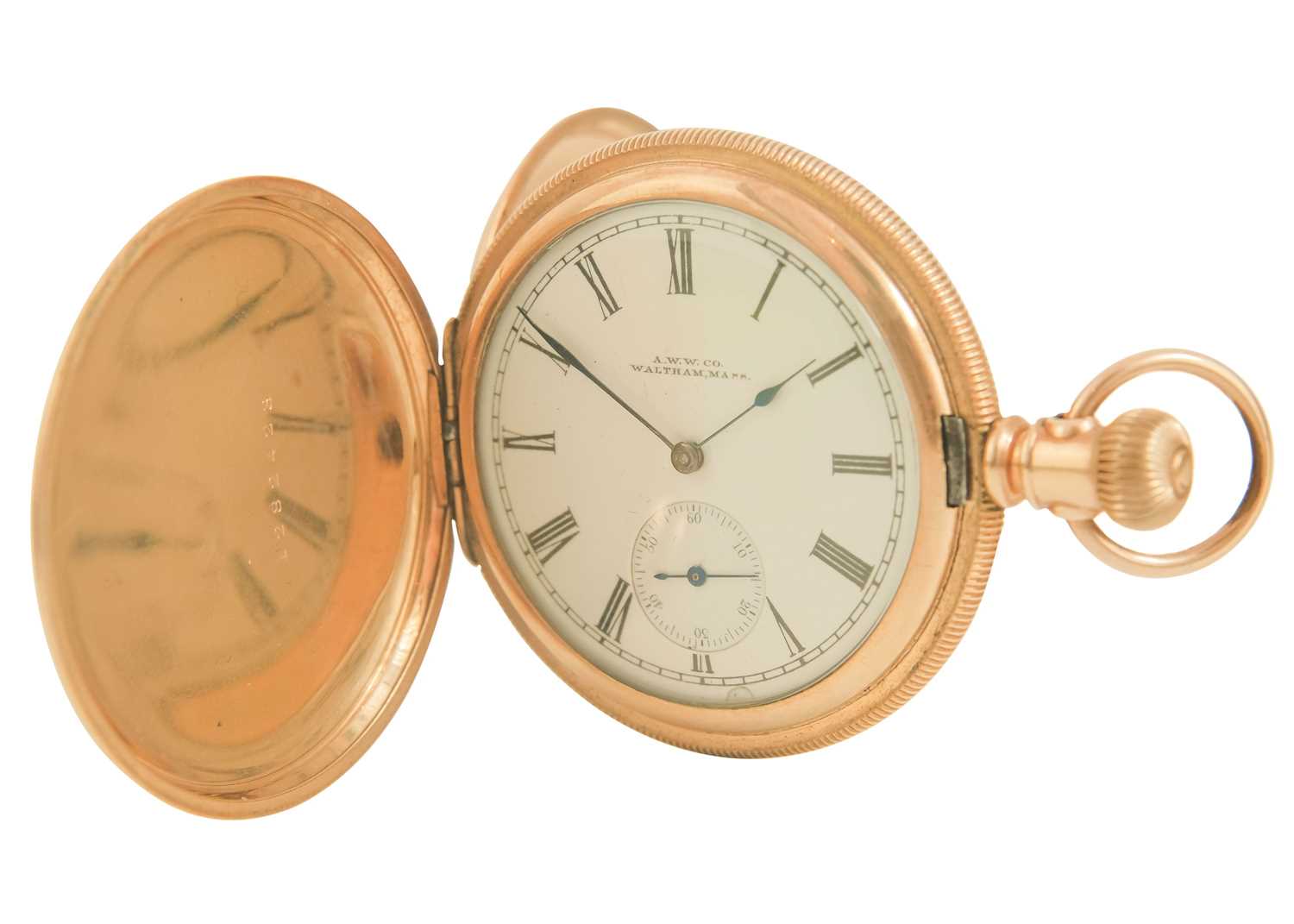 A Waltham 'Ensign' rose gold plated full hunter slim cased lever pocket watch.