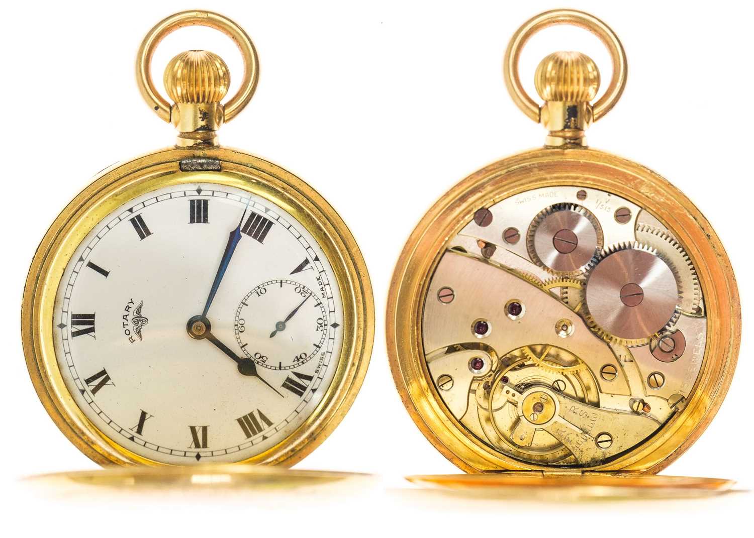 A gold-plated full hunter crown wind pocket watch by Rotary.