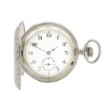 A silver-cased full hunter crown wind Swiss lever pocket watch.