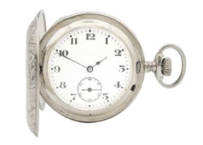 A silver-cased full hunter crown wind Swiss lever pocket watch.