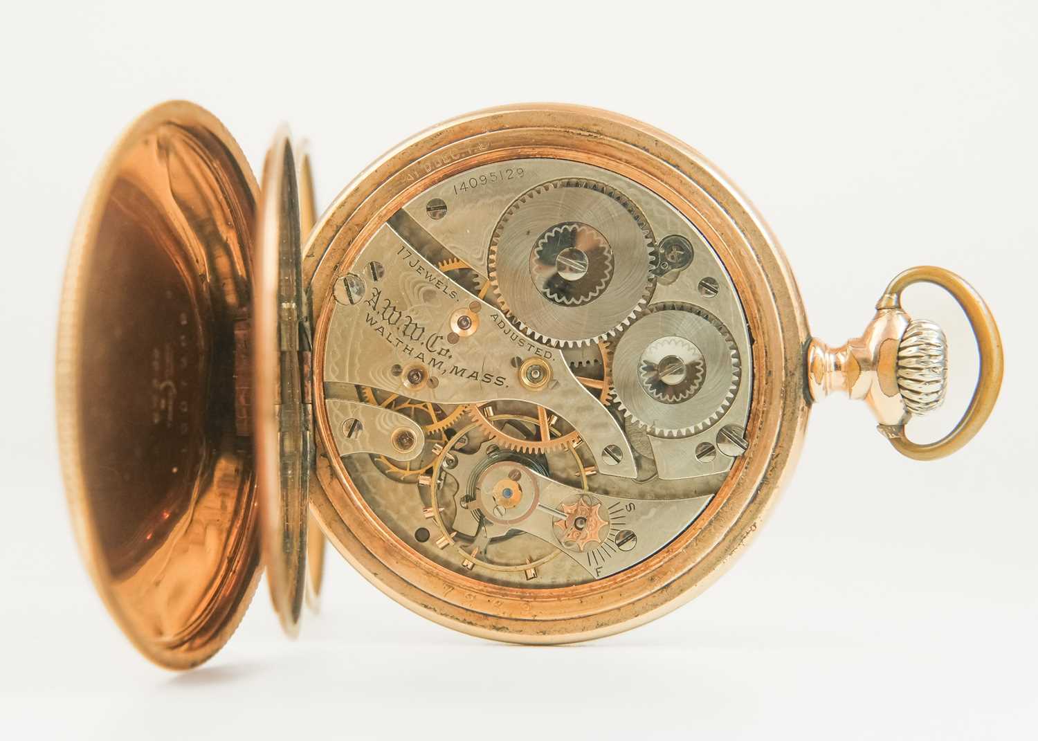 WALTHAM - A rose gold plated crown wind open face pocket watch. - Image 4 of 8